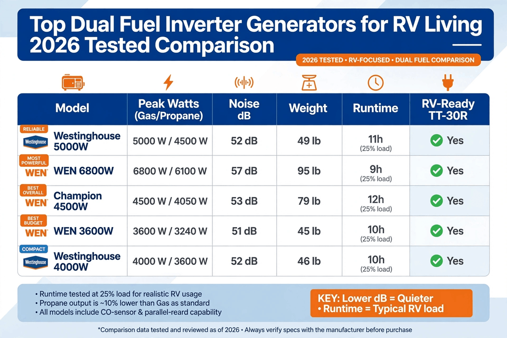Comparision table of top 5 dual fuel inverter generators for RV living 2026 tested