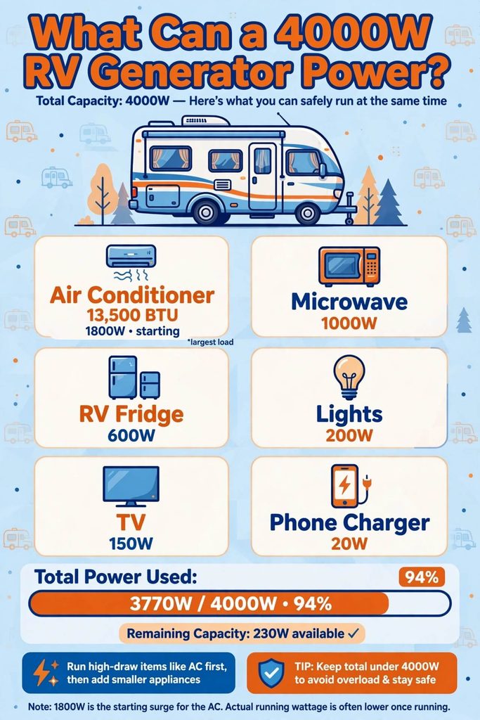 Infographic showing what a 4000W RV generator can power at same times